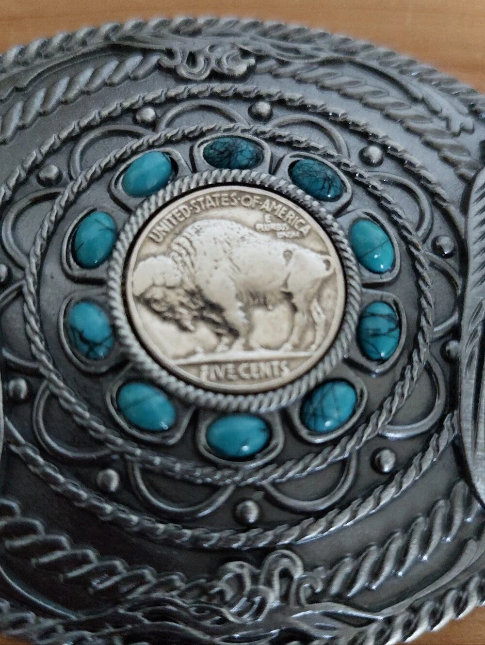 Southwestern Feather Buffalo Nickel Coin with Faux Turquoise Stone Belt Buckle